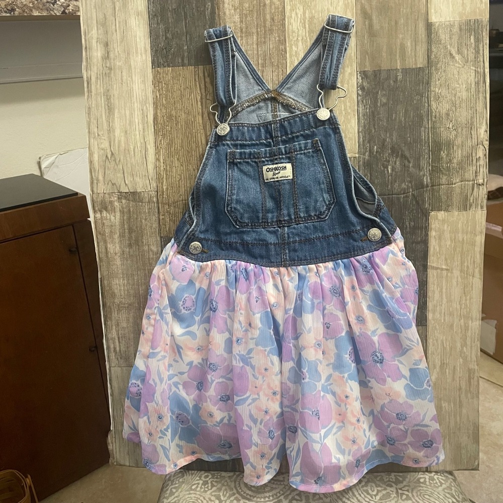 Oshkosh B gosh Denim Skirtall Dress Floral Print Purple Blue Pink Girls 5T